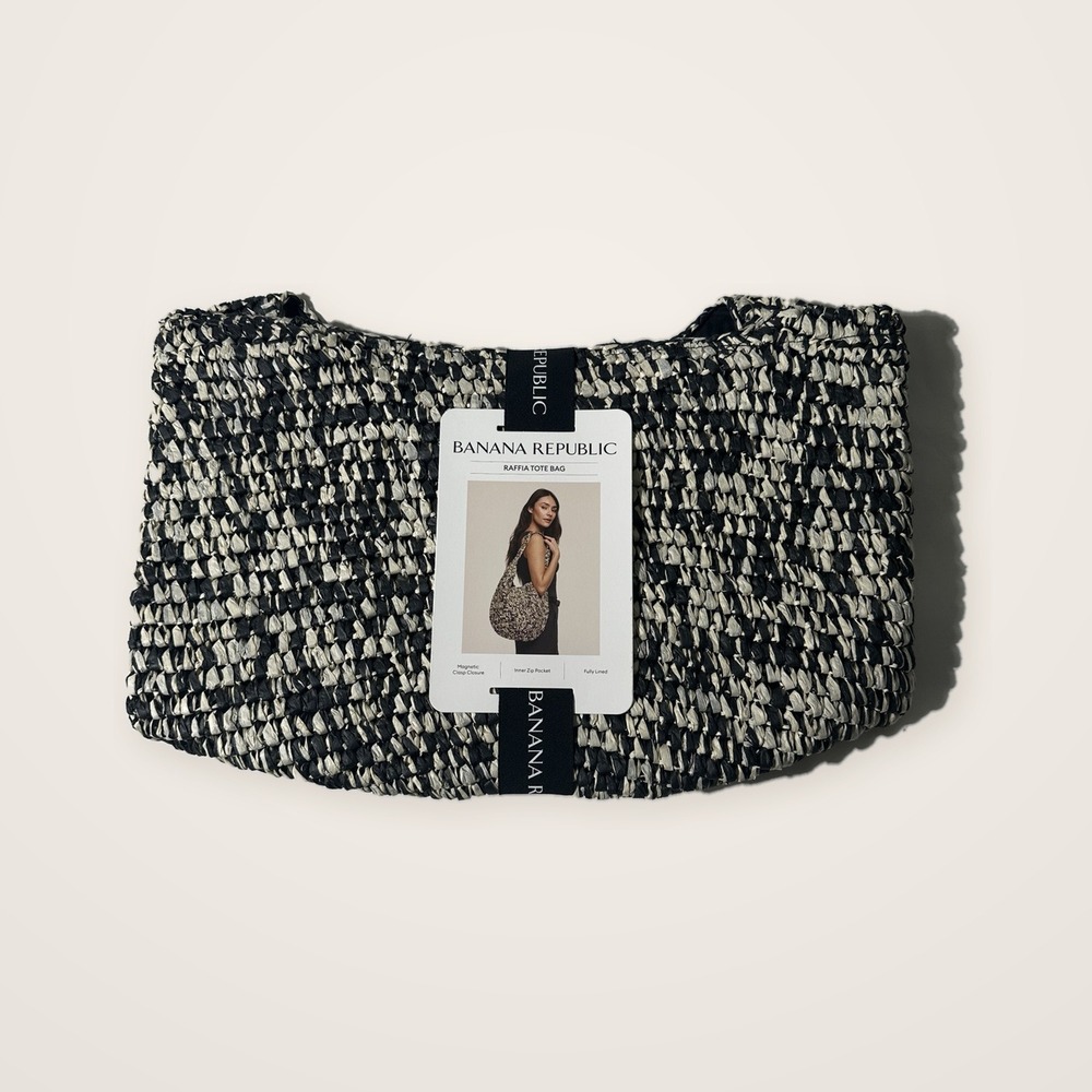 Banana Republic Raffia Tote Bag Black Marbled Woven Hobo Shoulder Bag NWT